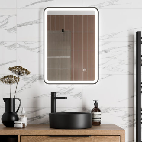 Aquari Rectangular LED Mirror Touch Bathroom Demister Modern Mains Matt Black 500x700mm