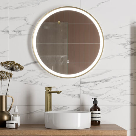 Aquari Round LED Mirror Illuminated Touch Bathroom Demister Mains Powered Brushed Brass