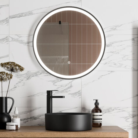 Aquari Round LED Mirror Illuminated Touch Bathroom Demister Mains Powered Matt Black