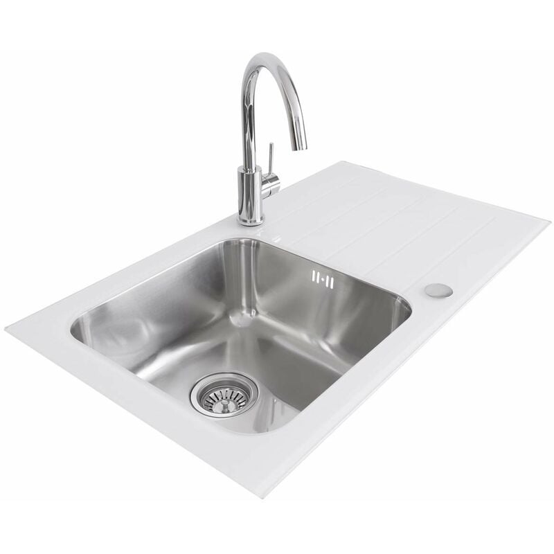 Image of 1.0 Single Bowl 860 x 500mm Glass Inset Kitchen Sink Stainless Steel Reverisble White - Aquariss