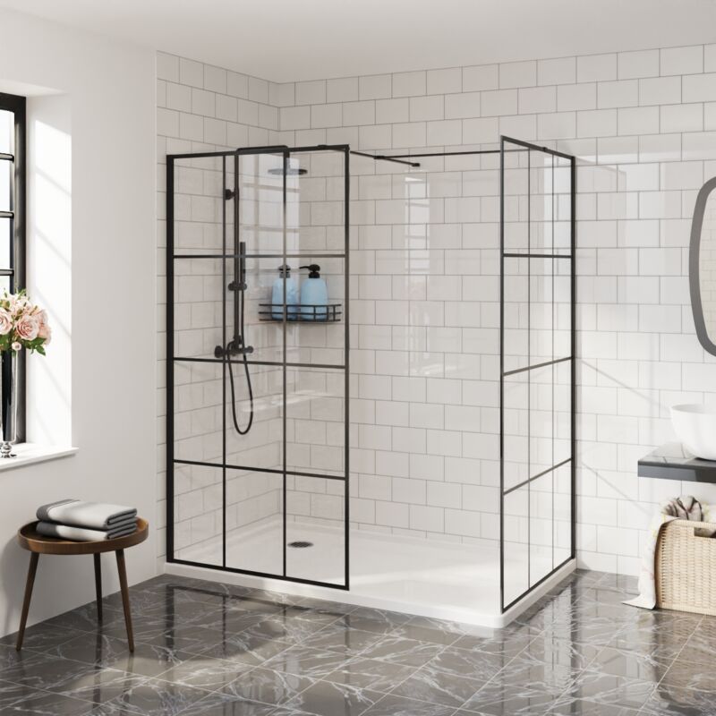Walk in Shower Enclosure 8mm Clear with Grid Easy Clean Glass Wet Room Cubicles 800mm Front Panel+800mm Side Panel 1950mm Height Black Framed