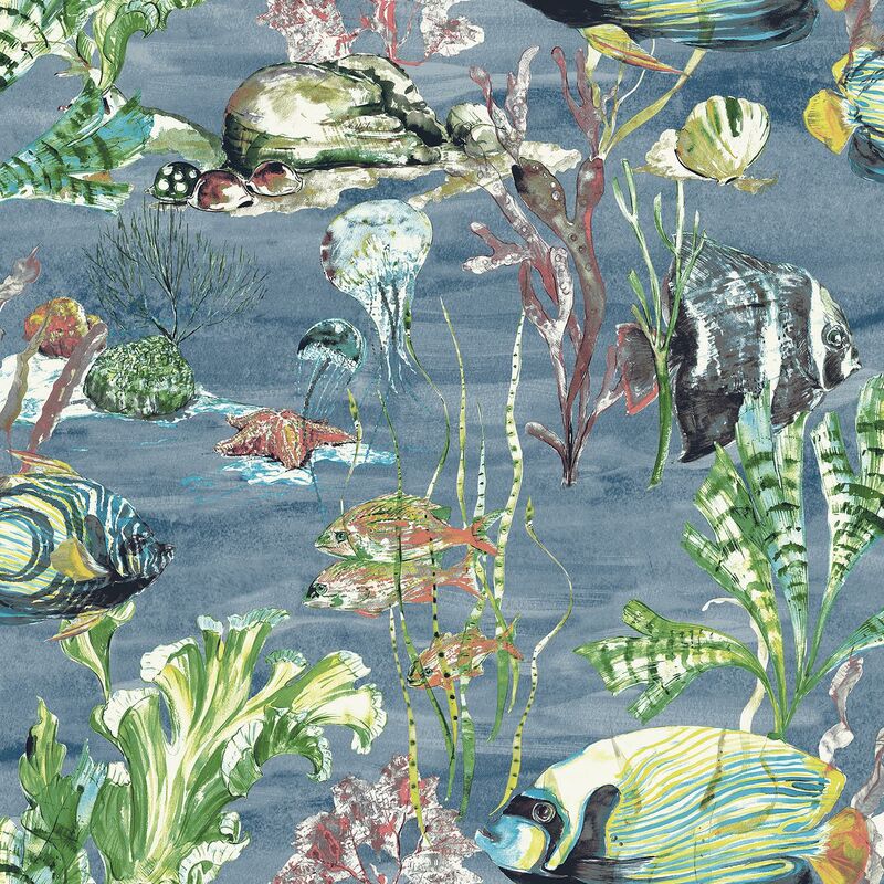 Aquarium Blue Wallpaper Grandeco Watercolour Fish Jellyfish Sea Life Creatures