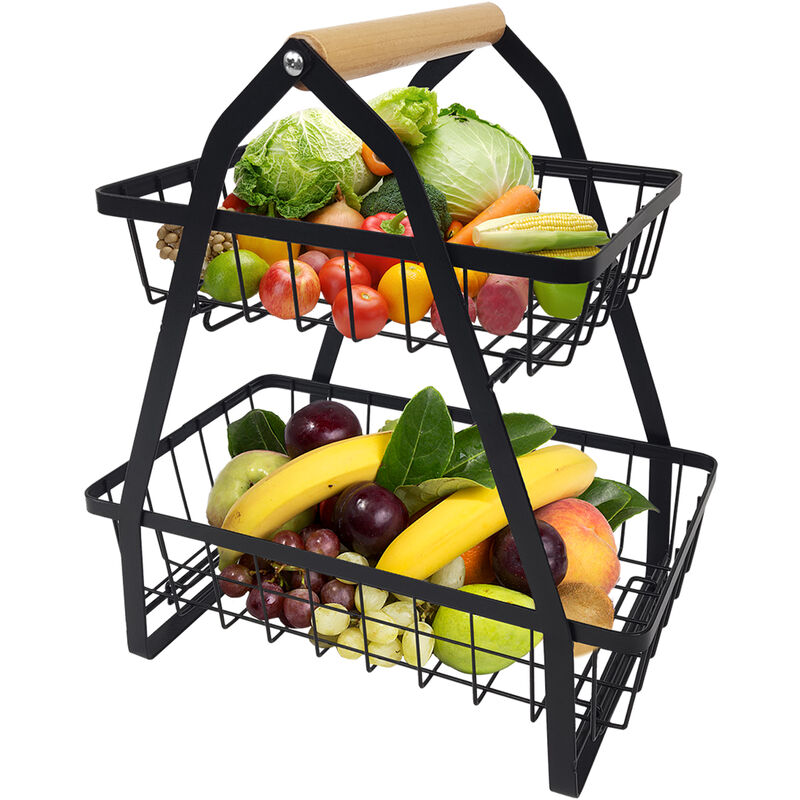 Kücheneinrichtung & Zubehör Obst Etagere 2 Etagen Abnehmbar Obstkörbe aus Metall mit Holzgriff Halter Küche Ablagekorb HENGMEI