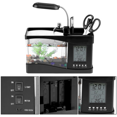 Aquarium Mini Multifonction USB Rechargeable avec Horloge et LED - Noir