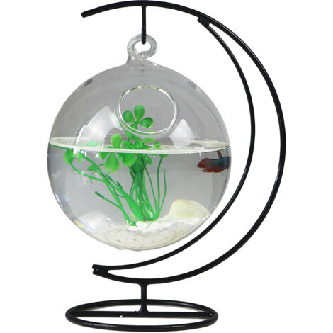 Aquarium Poisson Rouge en Verre Transparent Suspension Fer Artisanal avec Décoration