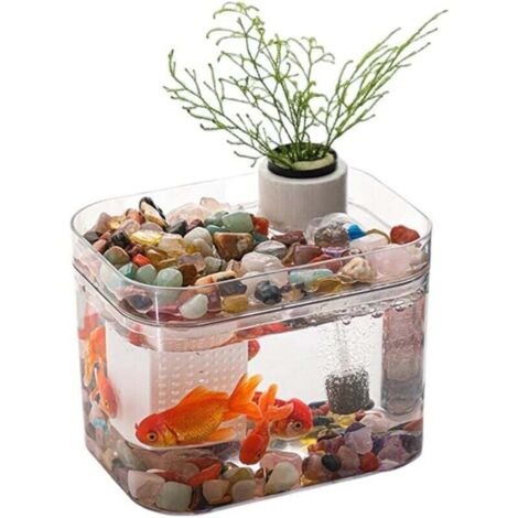 Aquarium Transparent avec Couvercle Pompe à Air USB Décoration Bureau pour Poissons Betta Crevettes et Poissons Rouges