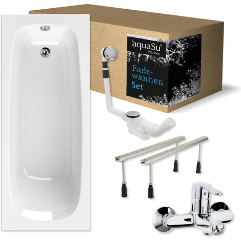 'aquaSu® Komplettset Acryl-Badewanne 180 x 80 cm Körperform-Badewanne meLeo Wand-Armatur mit Umsteller höhenverstellbare Wannenfüße Excenter-Ablaufgarnitur Badewannen-Set Weiß 83293 9