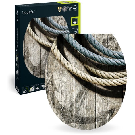 SANITOP WINGENROTH 'aquaSu® WC-Sitz mit Absenkautomatik, Maritim Motiv Seemannstau, High-Gloss Toilettendeckel mit Holzkern, Fast-Fix, Metallscharnier, Komfort Toilettensitz, Universale Form, Oval, 40293 4