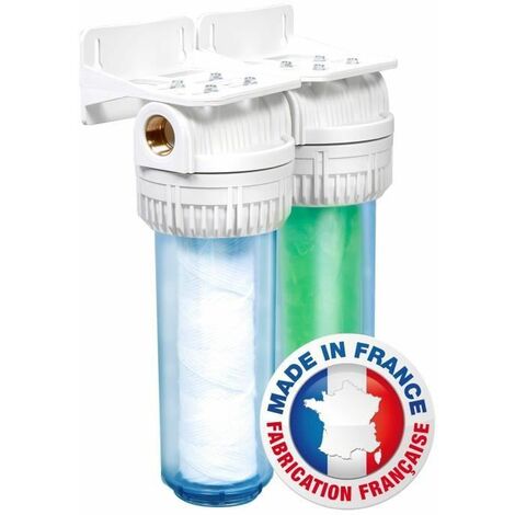 AQUAWATER - 104753 - Station filtre double avec cartouches de filtration et anticalcaire - Clé de désserrage et