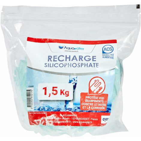 AQUAWATER - 106668 - Ricarica anticalcare 1,5 kg - Cristalli di silicofosfato anticalcare anticorrosione - Tutti i portafiltri standard - 1,6 kg - Silicofosfato