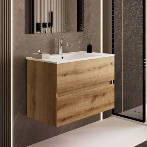 AQUORE SEVILLA Mueble de Baño con Lavabo Suspendido 2 Cajones Color Roble Ostippo - Medida: 80 cm - ref: SEVILLA800RO