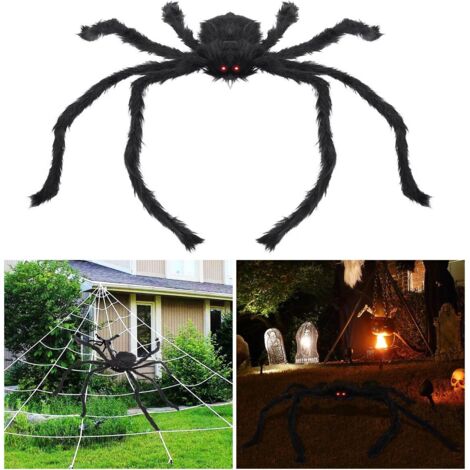 Araignée velue d'Halloween Araignée géante de 1 mètre de long avec des yeux brillants à LED Araignée en peluche effrayante pour la décoration d'Halloween (Noir)-Fei Yu