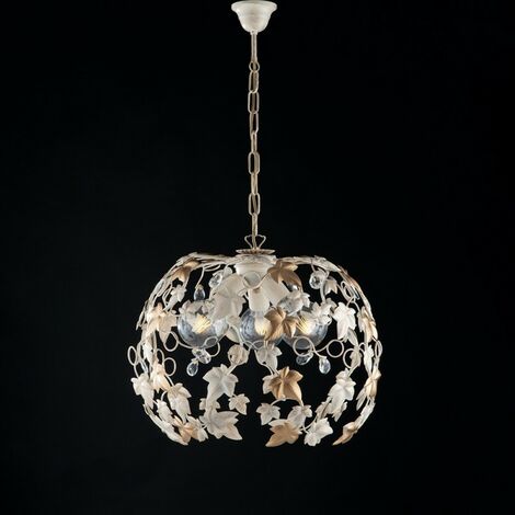 Araña colgante en hierro marfil oro y pedrería tres luces 50x h45 cm ivy