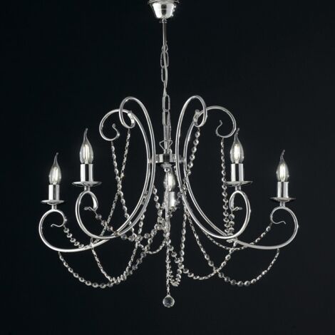 Araña de cinco luces de hierro cromado con pedrería 68x h55 cm