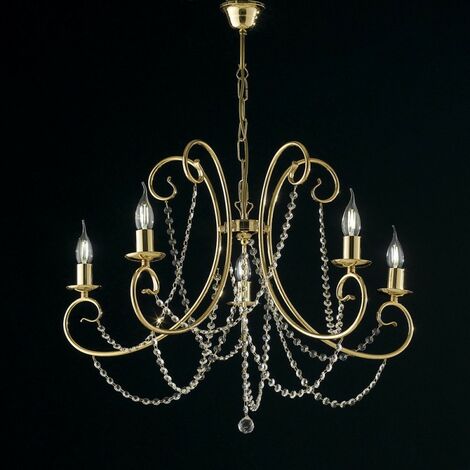Araña de cinco luces de hierro dorado con pedrería 68x h55 cm