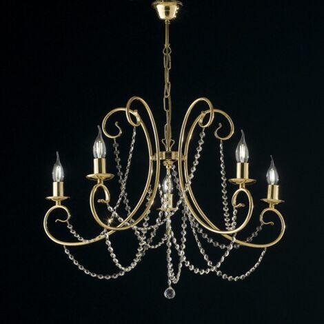 Araña de cinco luces de hierro dorado con pedrería 68x h55 cm