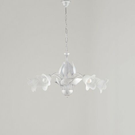 Araña de hierro blanco plata cinco luces Alabastro Cristal blanco 68x h43 cm