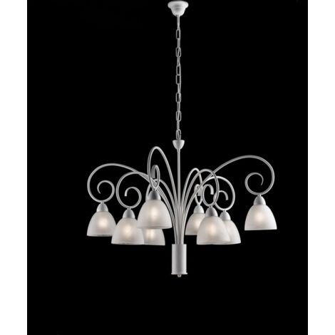 Araña de hierro blanco shabby, tulipas de vidrio blanco alabastro ocho luces 81x h58 cm