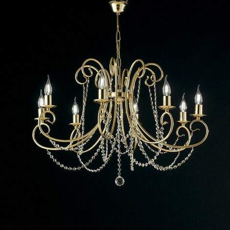 Araña de hierro dorado ocho luces con pedrería 74x h58 cm