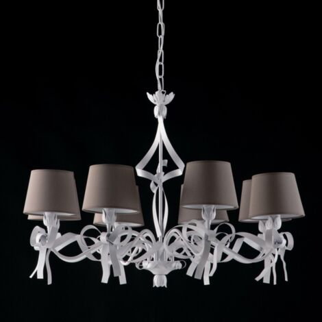 Araña de hierro lacado blanco con decoración cutre 8 luces con pantallas de pvc gris paloma