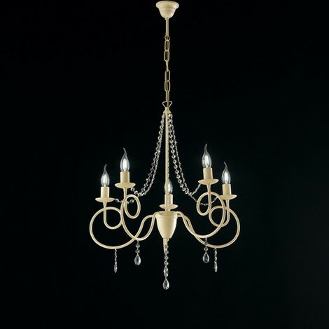 Araña de hierro marfil cinco luces decoración decape y pedrería 58x h72 cm