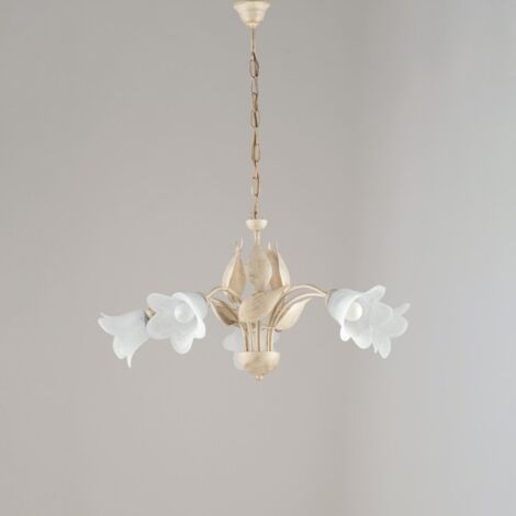 Araña de hierro Marfil Oro cinco luces Alabastro Cristal blanco 68x h43 cm