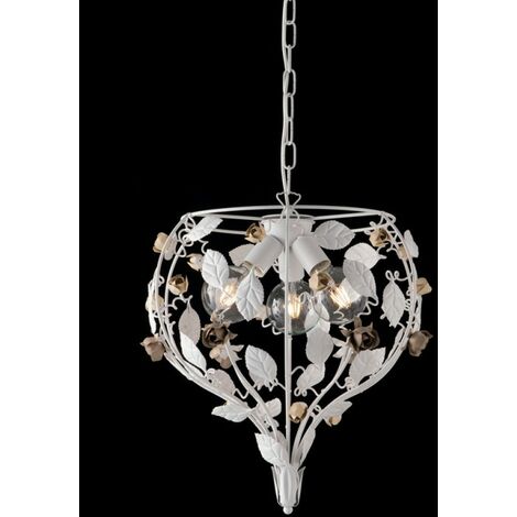 Araña de luces de hierro lacado blanco con decoración cutre 3 luces y acabados marfil y gris tórtola
