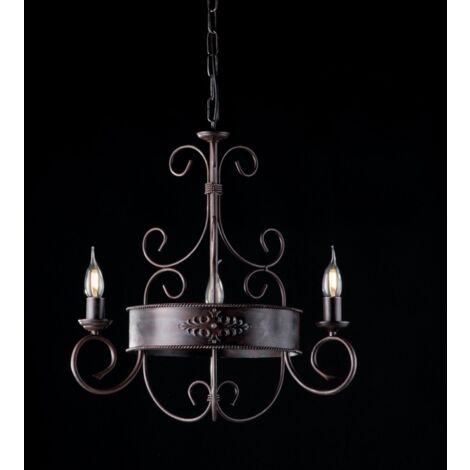 Araña de luces de hierro lacado negro con decoración de óxido 3 luces con cenefas