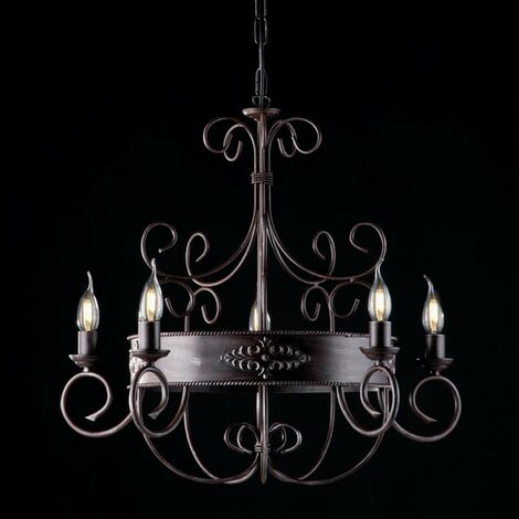 Araña de luces de hierro lacado negro con decoración de óxido 5 luces