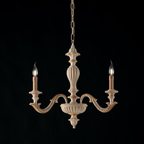 Araña de tres luces de madera marfil y pan de oro 43x h57 cm