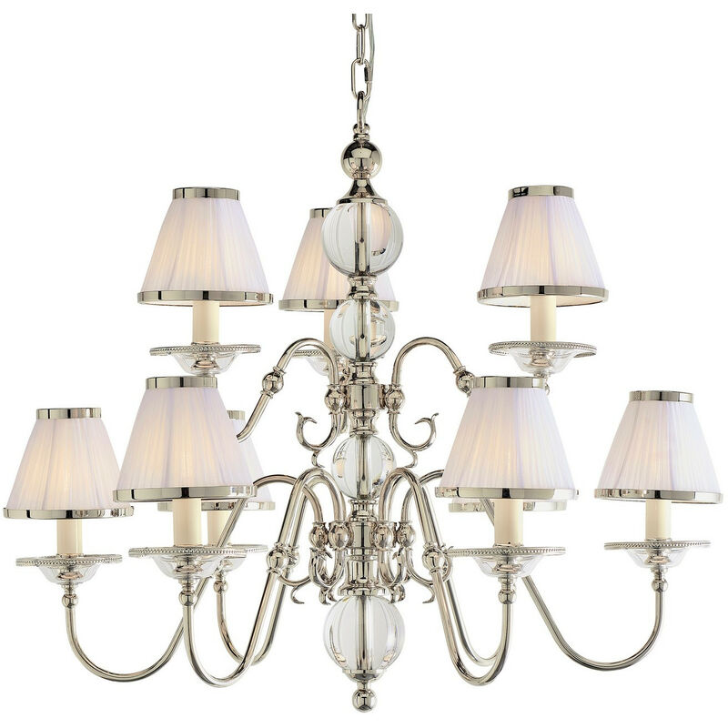 

Interiors 1900 Lighting - Interiors Tilburg Nickel - Lámpara de araña de 9 luces con brazos múltiples, placa de níquel pulido y acabado de cristal,