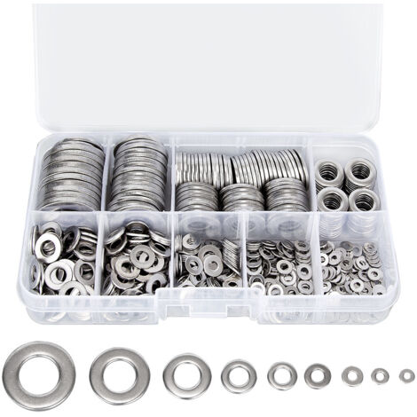 Arandelas de acero inoxidable con caja de almacenamiento (paquete de 580) - Surtido de 9 tamaños: M2, M2.5, M3, M4, M5, M6, M8, M10 y M12 - Reparaciones, fábricas y decoración de interiores