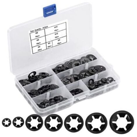 Arandelas de seguridad M3/M4/M5/M6/M8/M10/M12 (340 piezas) con caja, dentado interior, arandelas de sujeción, surtido de arandelas de seguridad, color negro