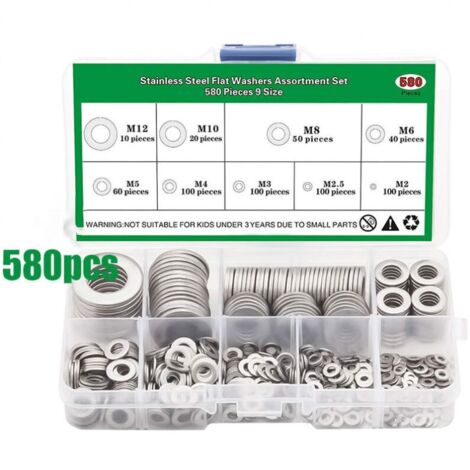 Arandelas metálicas, 580 piezas de arandelas de acero inoxidable, arandelas planas y arandelas de seguridad de acero inoxidable 304, arandelas de centavo, junta plana para tornillos y pernos - M2 M2.5