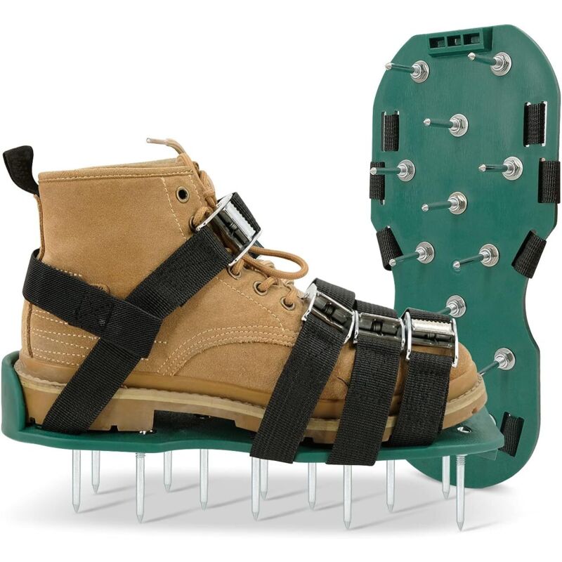 Aérateur de gazon manuel taille universelle avec 2 sangles réglables avec boucles sécurisées, chaussures aératrices pour aérer efficacement le sol de