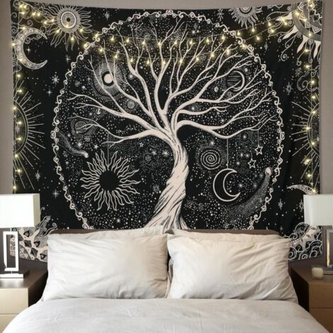 Arazzo KZQ Albero della Vita Luna e Sole, Arazzo da Parete Psichedelico Nero, Arazzo Mandala Stellare, Decorazione da Parete Hippie per Camera da Letto, Festa (130 x 150 cm)