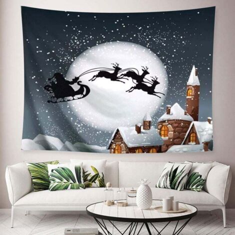 arazzo natalizio da parete con motivo a casa sulla luna, 200x150 cm, decorazione da parete con sfondo di casa con fiocchi di neve e luna, per soggiorno, camera da letto, dormitorio, sfondo per feste
