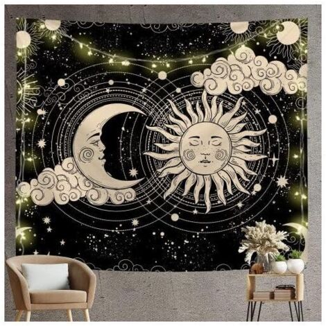 Arazzo Sole e Luna KZQ, Arazzo Nero e Oro, Arazzo Luna e Sole, Decorazione da Parete, Arazzo Psichedelico, Arazzo Gotico, Arazzo Psichedelico, Decorazione da Parete (150 x 13)