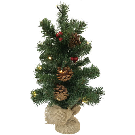Árbol de Navidad 15 Luces Leds Cálidas, con Piñas y Bolitas Rojas 45 cm