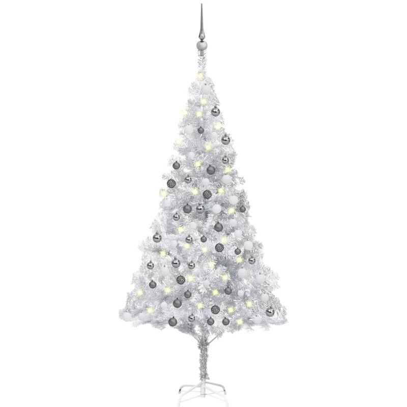 

Árbol de Navidad artificial con LED y bolas plateado PET 180 cm