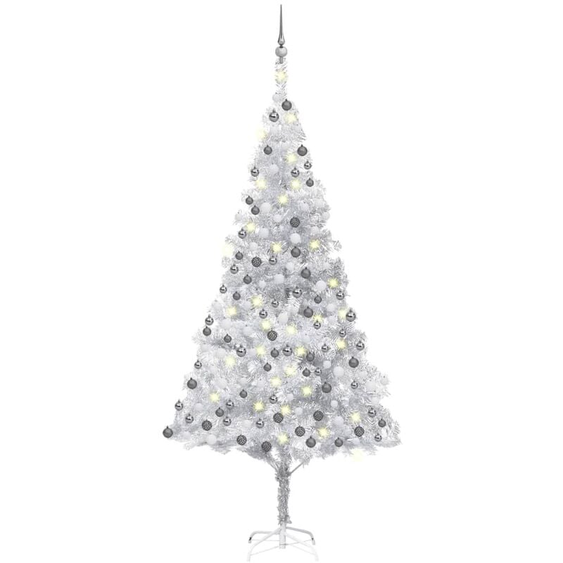 

Árbol de Navidad artificial con LED y bolas plateado PET 210 cm
