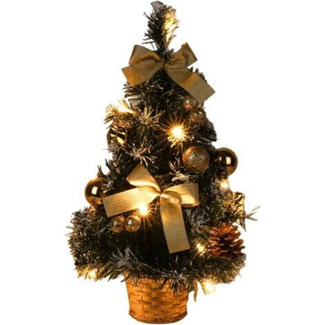 Árbol de Navidad artificial con luces y nieve blanca, pequeño árbol de Navidad LED de mesa de 40 cm con luces de cadena, lazo y piña para decoración de mesa navideña (A)