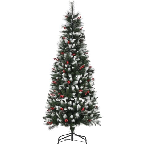 Árbol de Navidad Artificial con Nieve 180 cm Ignífugo con 539 Ramas 51 Bayas Hojas de PVC  Base Plegable y Soporte Metálico Decoración Navideña