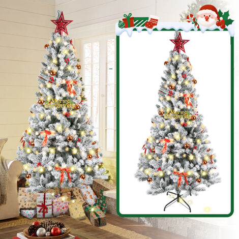 Árbol de Navidad artificial de 210 cm con copos de nieve, de PVC, con adornos navideños y soporte de metal.