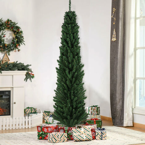 Árbol de Navidad artificial delgado de 150 cm, árbol de Navidad artificial para decoración navideña, material de PVC, decoración para fiestas y festividades, verde, con soporte de metal.
