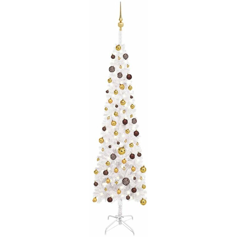 

arbol de Navidad artificial estrecho LED y bolas blanco 210 cm