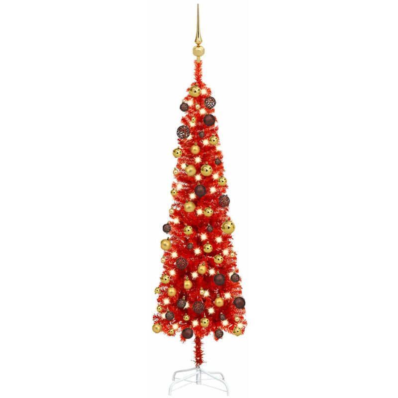 

arbol de Navidad artificial estrecho LED y bolas rojo 120 cm