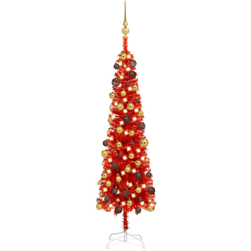 

Árbol de Navidad artificial estrecho LED y bolas rojo 120 cm