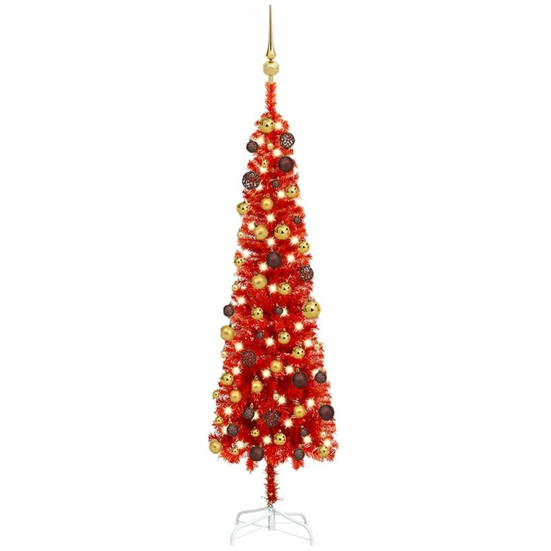 

arbol de Navidad artificial estrecho LED y bolas rojo 150 cm