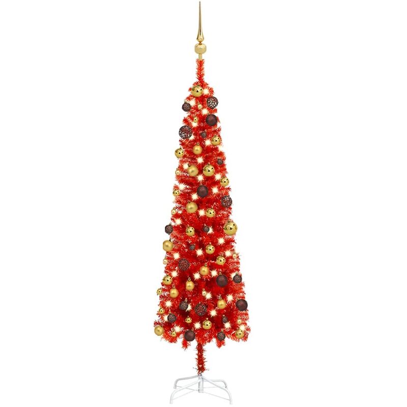 

Árbol de Navidad artificial estrecho LED y bolas rojo 150 cm